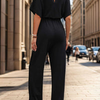 Notched Half Sleeve Straight Jumpsuit