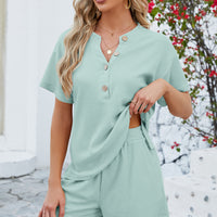 Notched Button Detail Dropped Shoulder Top and Shorts Set