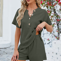 Notched Button Detail Dropped Shoulder Top and Shorts Set