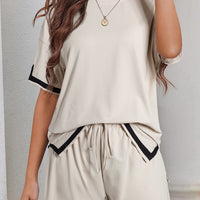 Contrast Trim Round Neck Top and Shorts Set