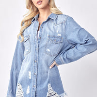 RISEN Button Up Distressed Denim Shirt