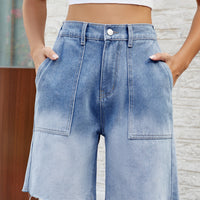 Buttoned Raw Hem Denim Shorts with Pockets