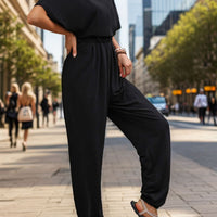 Notched Half Sleeve Straight Jumpsuit