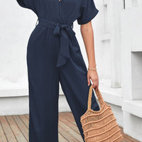 Tie Waist Surplice Wide Leg Jumpsuit