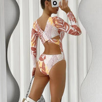 Crisscross Round Neck Long Sleeve Swimwear