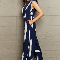 Printed Round Neck Cutout Jumpsuit with Pockets