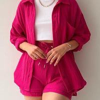 Texture Button Up Shirt and Drawstring Shorts Set