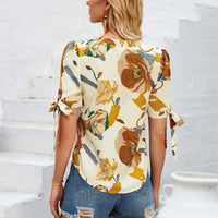 Tied Printed Notched Short Sleeve Blouse