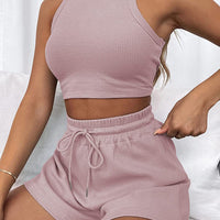 Round Neck Top and Drawstring Shorts Set