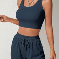 Scoop Neck Wide Strap Top and Drawstring Shorts Set