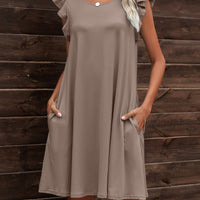 Round Neck Flutter Sleeve Dress with Pockets