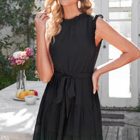 Ruffle Collar Tie Belt Tiered Dress