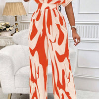 Printed V-Neck Short Sleeve Wide Leg Jumpsuit