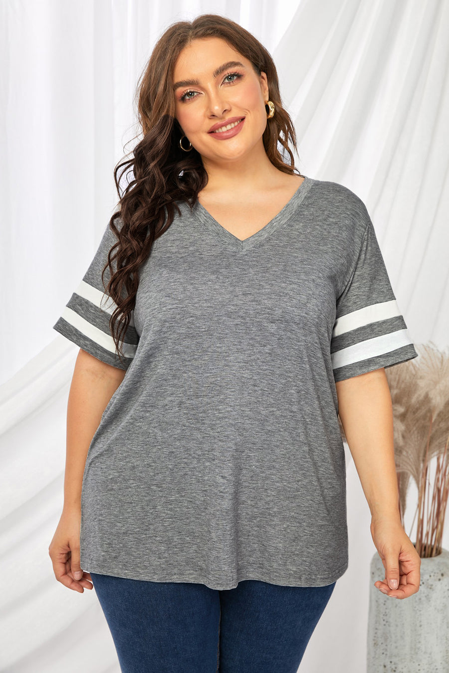 Plus Size Striped V-Neck Tee Shirt