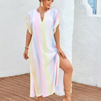 Slit Striped Notched Short Sleeve Cover Up