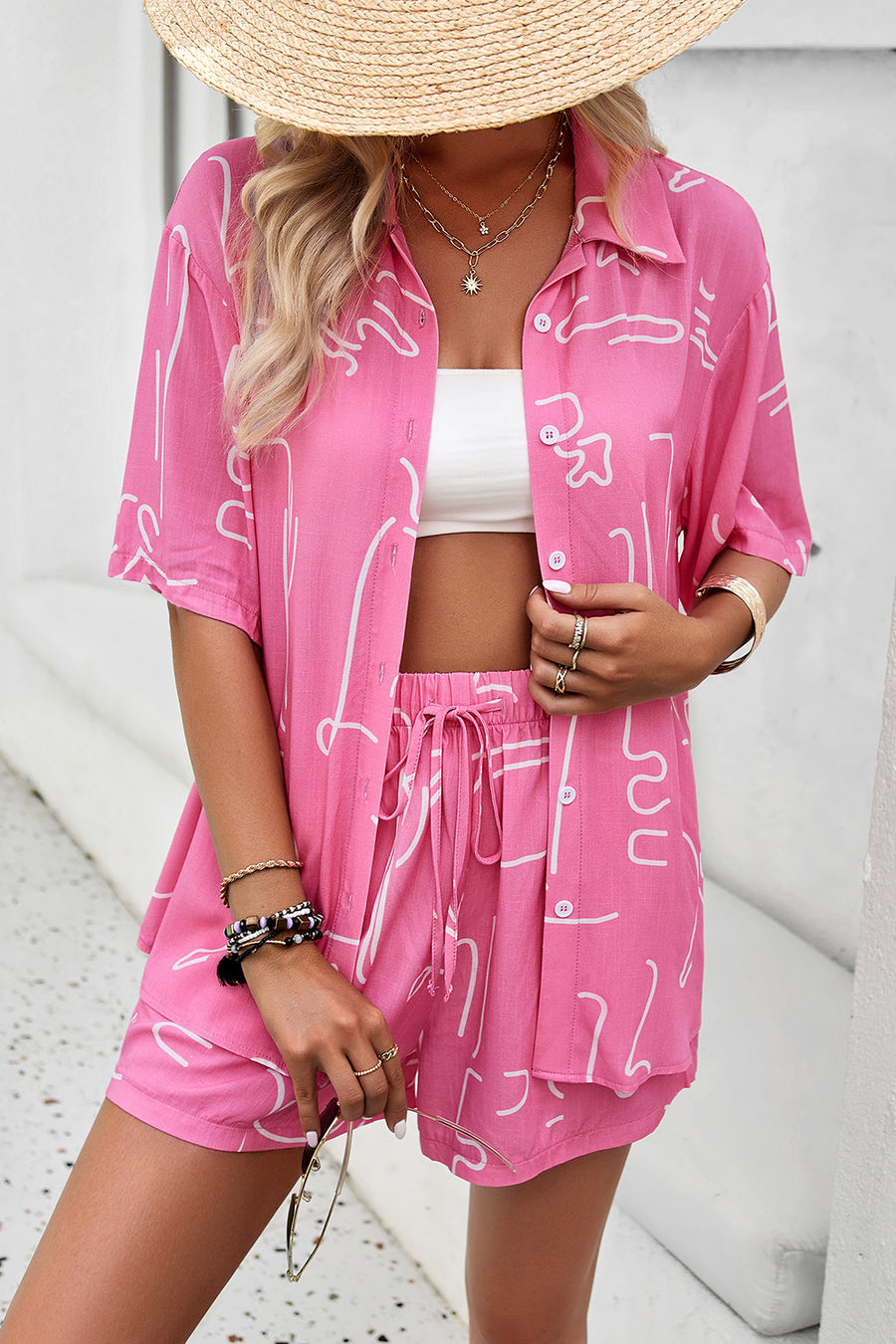 Printed Button Up Shirt and Shorts Set