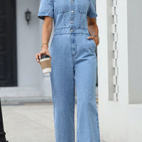 Short Sleeve Wide Leg Denim Jumpsuit