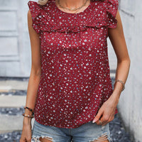 Ruffled Printed Round Neck Cap Sleeve Blouse