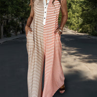 Striped Half Button Cap Sleeve Jumpsuit