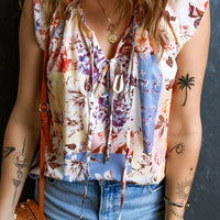 Printed Tie Neck Cap Sleeve Blouse