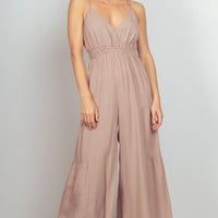 VERY J Sleeveless Ruched Wide Leg Jumpsuit