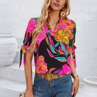 Tied Printed Notched Short Sleeve Blouse