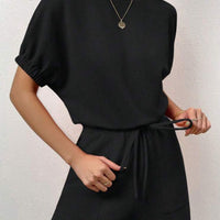 Waffle-Knit Round Neck T-Shirt and Pocketed Shorts Lounge Set