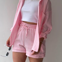 Texture Button Up Shirt and Drawstring Shorts Set