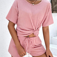 Textured Round Neck Top and Shorts Set