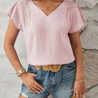 Ruched V-Neck Flounce Sleeve Blouse