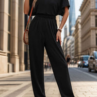 Notched Half Sleeve Straight Jumpsuit