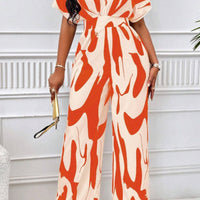 Printed V-Neck Short Sleeve Wide Leg Jumpsuit