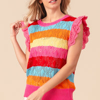 BiBi Pointelle Striped Ruffled Knit Top