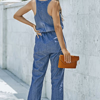 Buttoned Scoop Neck Denim Jumpsuit