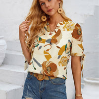 Tied Printed Notched Short Sleeve Blouse