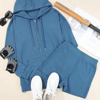 Drawstring Zip Up Sweatshirt and Shorts Set