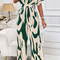 Printed V-Neck Short Sleeve Wide Leg Jumpsuit