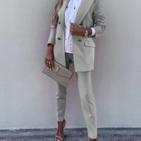 Lapel Collar Long Sleeve Blazer and Pants Set