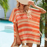 Tassel Openwork Striped V-Neck Cover Up