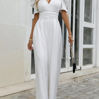 V-Neck Short Sleeve Wide Leg Jumpsuit