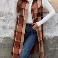 Perfee Pocketed Button Up Plaid Vest