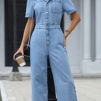 Short Sleeve Wide Leg Denim Jumpsuit