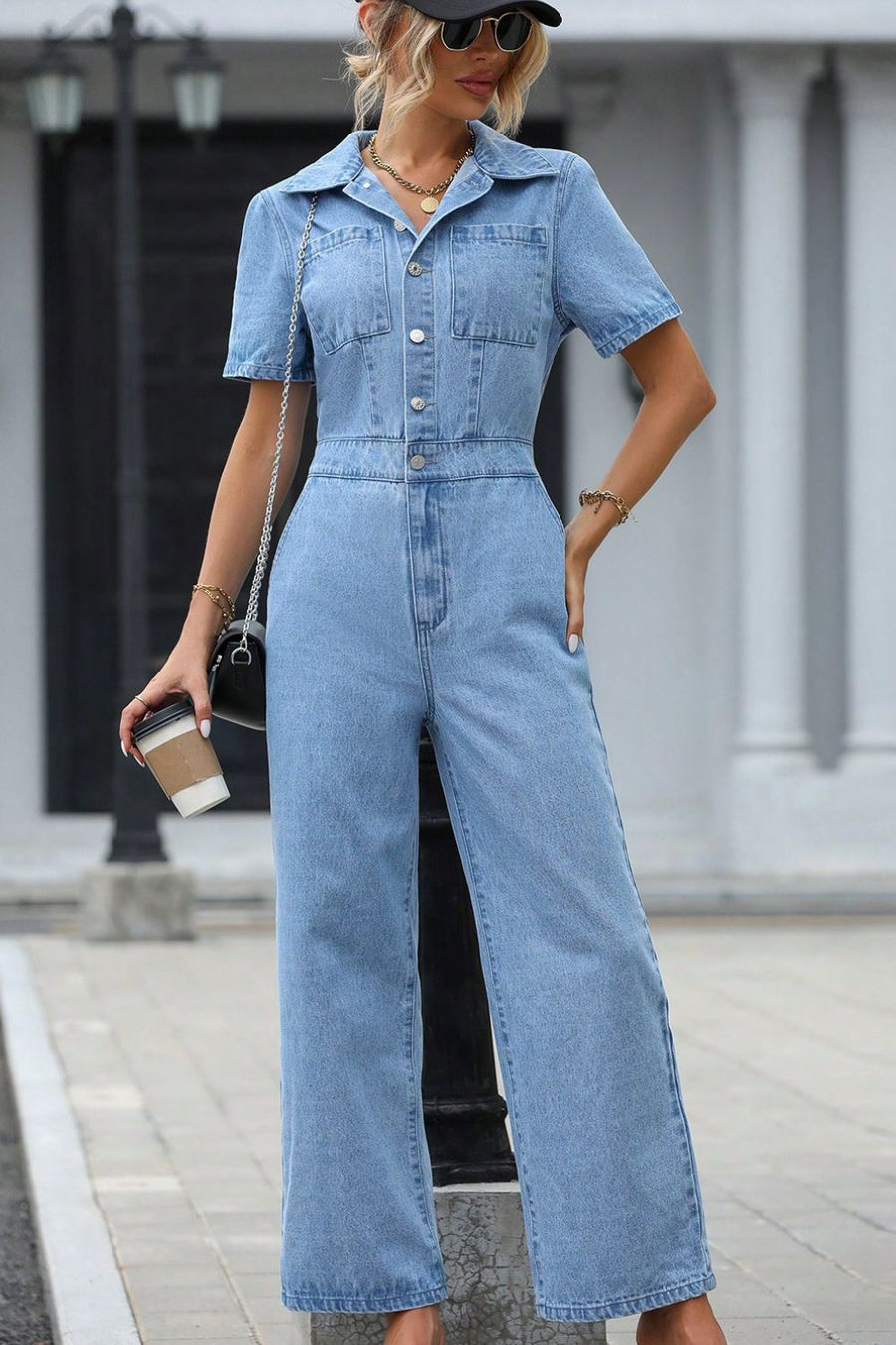 Short Sleeve Wide Leg Denim Jumpsuit