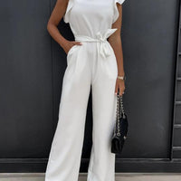 Ruffled Round Neck Cap Sleeve Jumpsuit