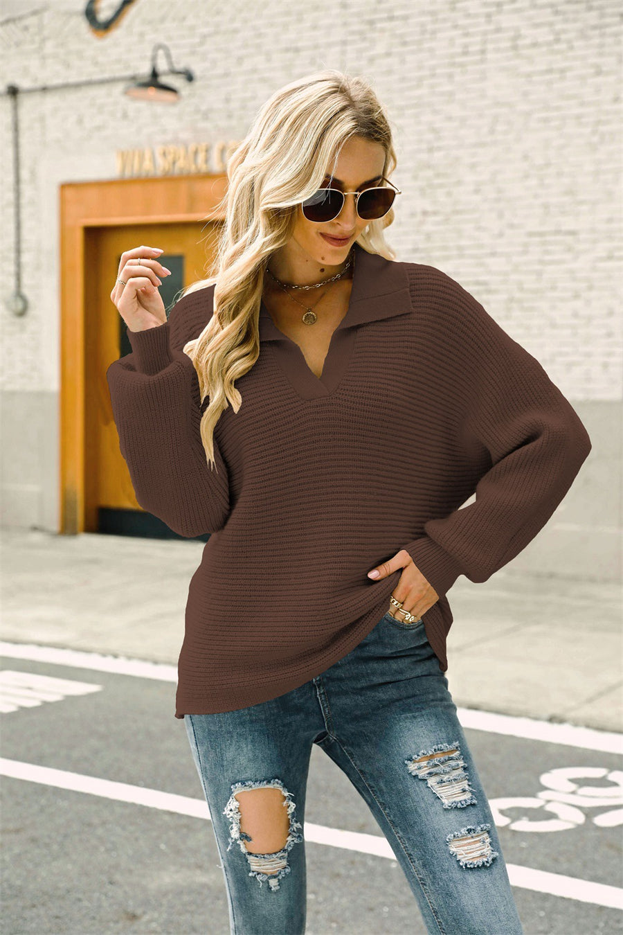 Horizontal Ribbing Johnny Collar Sweater