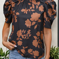 Frill Printed Round Neck Puff Sleeve Blouse