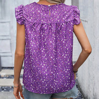 Ruffled Printed Round Neck Cap Sleeve Blouse