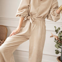 V-Neck Tie Waist Wide Leg Jumpsuit