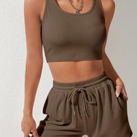 Scoop Neck Wide Strap Top and Drawstring Shorts Set