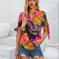 Tied Printed Notched Short Sleeve Blouse